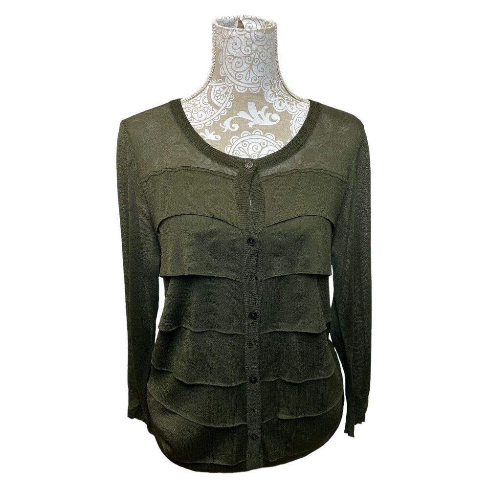 Talbots Tiered Ruffle Front Knit Cardigan, Dark Olive, nwot size L